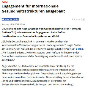 Focus Online - Engagement für internationale Gesundheitsstrukturen ausgebaut
